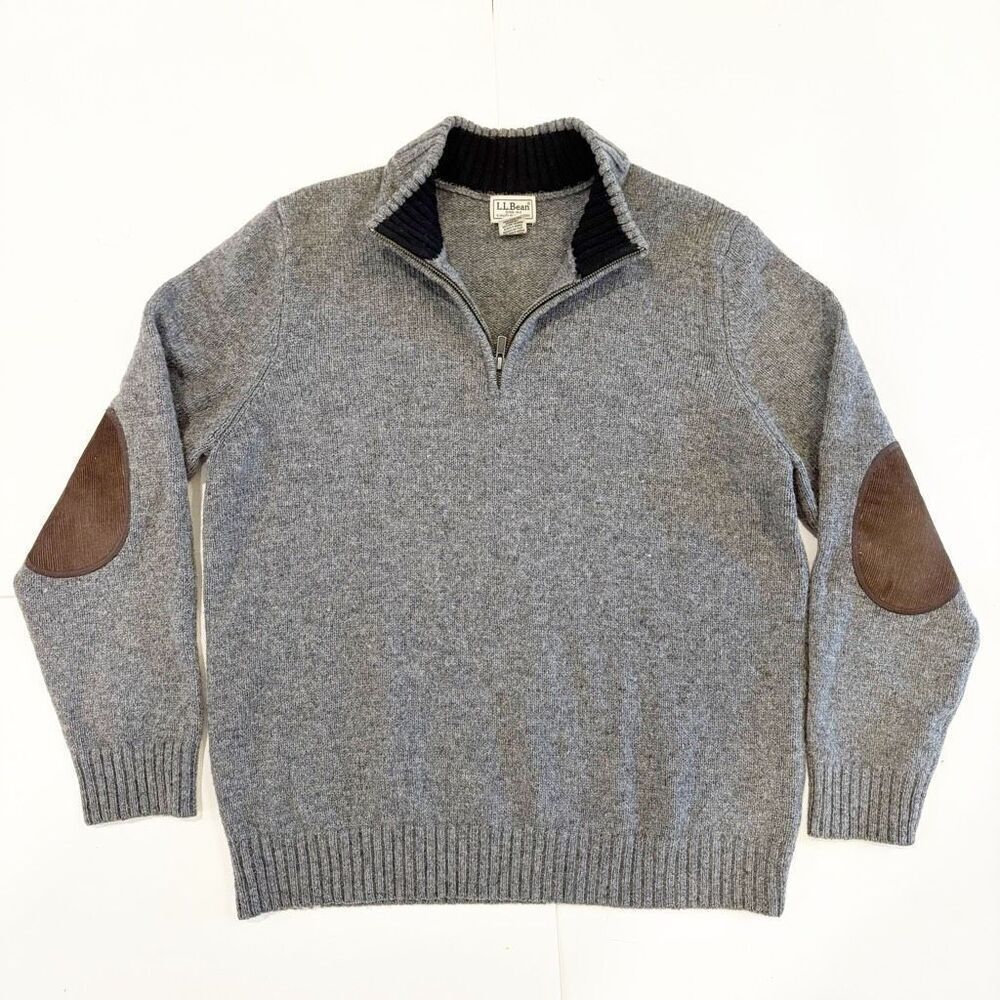 VTG L.L.Bean Elbow Patch Sweater 1/4 Zip 100% Wool Size M Grey Academicia